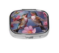 Small Pill Box Portable Pill Case 2 Compartment Metal Pill Vitamins Holder Organizer Cute Humming Birds with Pink Travel Pillbox for Purse Pocket