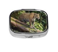 Small Pill Box Portable Pill Case 2 Compartment Metal Pill Vitamins Holder Organizer Cute Jaguar Cat On Tree Trunk Waterfall Travel Pillbox for Purse Pocket