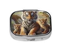 Small Pill Box Portable Pill Case 2 Compartment Metal Pill Vitamins Holder Organizer Cute Jungle Tigers Cub Travel Pillbox for Purse Pocket