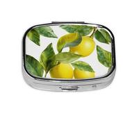 Small Pill Box Portable Pill Case 2 Compartment Metal Pill Vitamins Holder Organizer Cute Lemon Branch Leaves Travel Pillbox for Purse Pocket