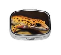 Small Pill Box Portable Pill Case 2 Compartment Metal Pill Vitamins Holder Organizer Cute Leopard Little Gecko Travel Pillbox for Purse Pocket