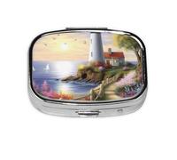 Small Pill Box Portable Pill Case 2 Compartment Metal Pill Vitamins Holder Organizer Cute Lighthouse Diamond Painting Travel Pillbox for Purse Pocket