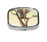 Small Pill Box Portable Pill Case 2 Compartment Metal Pill Vitamins Holder Organizer Cute Little Elephant On Tree Travel Pillbox for Purse Pocket