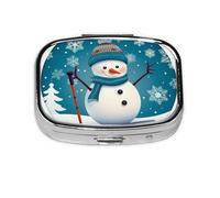 Small Pill Box Portable Pill Case 2 Compartment Metal Pill Vitamins Holder Organizer Cute Lovely Christmas Cartoon Skiing Snowman Snowflake Travel Pillbox for Purse Pocket