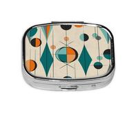 Small Pill Box Portable Pill Case 2 Compartment Metal Pill Vitamins Holder Organizer Cute Mid Century Geometric Travel Pillbox for Purse Pocket