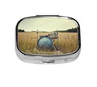 Small Pill Box Portable Pill Case 2 Compartment Metal Pill Vitamins Holder Organizer Cute Music Drum in Field Travel Pillbox for Purse Pocket