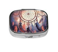 Small Pill Box Portable Pill Case 2 Compartment Metal Pill Vitamins Holder Organizer Cute Native American Dream Catcher Travel Pillbox for Purse Pocket