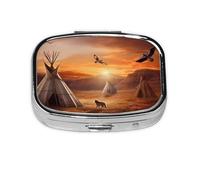 Small Pill Box Portable Pill Case 2 Compartment Metal Pill Vitamins Holder Organizer Cute Native American Tribes Travel Pillbox for Purse Pocket
