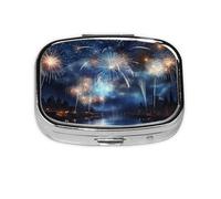 Small Pill Box Portable Pill Case 2 Compartment Metal Pill Vitamins Holder Organizer Cute New Year Pyrotechnics Travel Pillbox for Purse Pocket