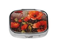 Small Pill Box Portable Pill Case 2 Compartment Metal Pill Vitamins Holder Organizer Cute Oil Painting Red Flower Travel Pillbox for Purse Pocket