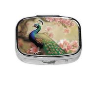 Small Pill Box Portable Pill Case 2 Compartment Metal Pill Vitamins Holder Organizer Cute Oriental Peacock On Flower Tree Travel Pillbox for Purse Pocket