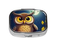 Small Pill Box Portable Pill Case 2 Compartment Metal Pill Vitamins Holder Organizer Cute Owl and Yellow Moon Travel Pillbox for Purse Pocket