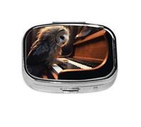 Small Pill Box Portable Pill Case 2 Compartment Metal Pill Vitamins Holder Organizer Cute Owl Plays Piano Travel Pillbox for Purse Pocket