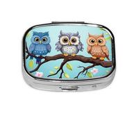 Small Pill Box Portable Pill Case 2 Compartment Metal Pill Vitamins Holder Organizer Cute Owls On A Branch Travel Pillbox for Purse Pocket