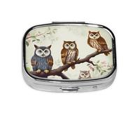 Small Pill Box Portable Pill Case 2 Compartment Metal Pill Vitamins Holder Organizer Cute Owls On A Branch Travel Pillbox for Purse Pocket