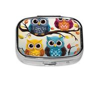 Small Pill Box Portable Pill Case 2 Compartment Metal Pill Vitamins Holder Organizer Cute Owls On Tree Branches Travel Pillbox for Purse Pocket