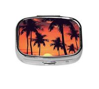 Small Pill Box Portable Pill Case 2 Compartment Metal Pill Vitamins Holder Organizer Cute Palm Tree Summer Sunset Travel Pillbox for Purse Pocket