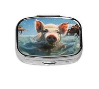 Small Pill Box Portable Pill Case 2 Compartment Metal Pill Vitamins Holder Organizer Cute Pig Swim Bathe Travel Pillbox for Purse Pocket