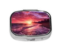 Small Pill Box Portable Pill Case 2 Compartment Metal Pill Vitamins Holder Organizer Cute Pink Beach Sunset Travel Pillbox for Purse Pocket