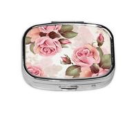 Small Pill Box Portable Pill Case 2 Compartment Metal Pill Vitamins Holder Organizer Cute Pink Rose Floral Travel Pillbox for Purse Pocket