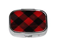 Small Pill Box Portable Pill Case 2 Compartment Metal Pill Vitamins Holder Organizer Cute Plaid Red and Black Travel Pillbox for Purse Pocket