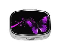 Small Pill Box Portable Pill Case 2 Compartment Metal Pill Vitamins Holder Organizer Cute Purple and Black Butterfly Travel Pillbox for Purse Pocket