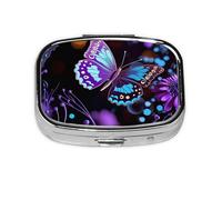 Small Pill Box Portable Pill Case 2 Compartment Metal Pill Vitamins Holder Organizer Cute Purple Butterfly and Flowers Travel Pillbox for Purse Pocket