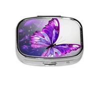 Small Pill Box Portable Pill Case 2 Compartment Metal Pill Vitamins Holder Organizer Cute Purple Butterfly Travel Pillbox for Purse Pocket
