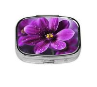 Small Pill Box Portable Pill Case 2 Compartment Metal Pill Vitamins Holder Organizer Cute Purple Flower Travel Pillbox for Purse Pocket