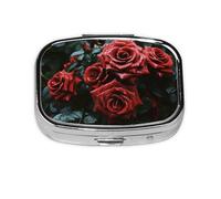 Small Pill Box Portable Pill Case 2 Compartment Metal Pill Vitamins Holder Organizer Cute Red and Black Rose Travel Pillbox for Purse Pocket