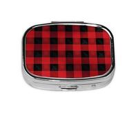 Small Pill Box Portable Pill Case 2 Compartment Metal Pill Vitamins Holder Organizer Cute Red Black Buffalo Check Plaid Pattern Travel Pillbox for Purse Pocket