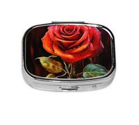 Small Pill Box Portable Pill Case 2 Compartment Metal Pill Vitamins Holder Organizer Cute Red Rose Art Travel Pillbox for Purse Pocket