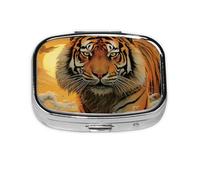 Small Pill Box Portable Pill Case 2 Compartment Metal Pill Vitamins Holder Organizer Cute Rising Sun Tiger Travel Pillbox for Purse Pocket