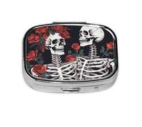 Small Pill Box Portable Pill Case 2 Compartment Metal Pill Vitamins Holder Organizer Cute Rose and Skeleton Travel Pillbox for Purse Pocket