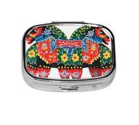 Small Pill Box Portable Pill Case 2 Compartment Metal Pill Vitamins Holder Organizer Cute Runner Swedish Dala Horse Folk Travel Pillbox for Purse Pocket