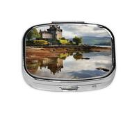 Small Pill Box Portable Pill Case 2 Compartment Metal Pill Vitamins Holder Organizer Cute Scotland Castle Water Lake Scottish Travel Pillbox for Purse Pocket