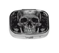 Small Pill Box Portable Pill Case 2 Compartment Metal Pill Vitamins Holder Organizer Cute Skull Skeleton Travel Pillbox for Purse Pocket