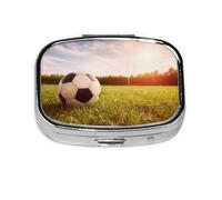 Small Pill Box Portable Pill Case 2 Compartment Metal Pill Vitamins Holder Organizer Cute Soccer Ball On A Field Travel Pillbox for Purse Pocket