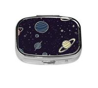 Small Pill Box Portable Pill Case 2 Compartment Metal Pill Vitamins Holder Organizer Cute Space Planet Pattern Travel Pillbox for Purse Pocket