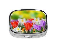 Small Pill Box Portable Pill Case 2 Compartment Metal Pill Vitamins Holder Organizer Cute Spring Flowers Travel Pillbox for Purse Pocket