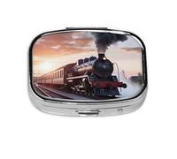 Small Pill Box Portable Pill Case 2 Compartment Metal Pill Vitamins Holder Organizer Cute Steam Train Depart Sunset Travel Pillbox for Purse Pocket