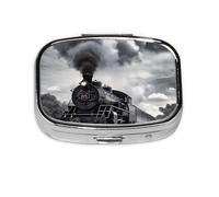 Small Pill Box Portable Pill Case 2 Compartment Metal Pill Vitamins Holder Organizer Cute Steam Train Clouds Travel Pillbox for Purse Pocket