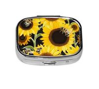 Small Pill Box Portable Pill Case 2 Compartment Metal Pill Vitamins Holder Organizer Cute Sunflower Bees Travel Pillbox for Purse Pocket