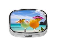Small Pill Box Portable Pill Case 2 Compartment Metal Pill Vitamins Holder Organizer Cute Tropical Beach Drink Travel Pillbox for Purse Pocket