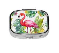 Small Pill Box Portable Pill Case 2 Compartment Metal Pill Vitamins Holder Organizer Cute Tropical Watercolor Pineapple Flamingo Travel Pillbox for Purse Pocket