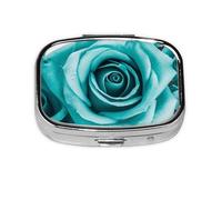 Small Pill Box Portable Pill Case 2 Compartment Metal Pill Vitamins Holder Organizer Cute Turquoise Rose Travel Pillbox for Purse Pocket