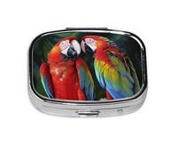 Small Pill Box Portable Pill Case 2 Compartment Metal Pill Vitamins Holder Organizer Cute Two Colored Parrots Travel Pillbox for Purse Pocket