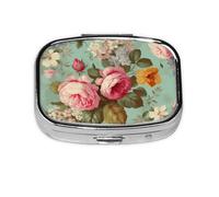 Small Pill Box Portable Pill Case 2 Compartment Metal Pill Vitamins Holder Organizer Cute Vintage Floral Flowers Travel Pillbox for Purse Pocket