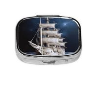 Small Pill Box Portable Pill Case 2 Compartment Metal Pill Vitamins Holder Organizer Cute Vintage Nautical White Ship Travel Pillbox for Purse Pocket