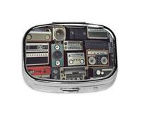 Small Pill Box Portable Pill Case 2 Compartment Metal Pill Vitamins Holder Organizer Cute Vintage Wall of Radio Boombox Travel Pillbox for Purse Pocket